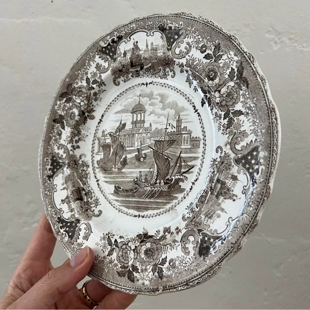Set 4 Antique English Transferware Gondola Boat Brown White Scallop Plates 1830s